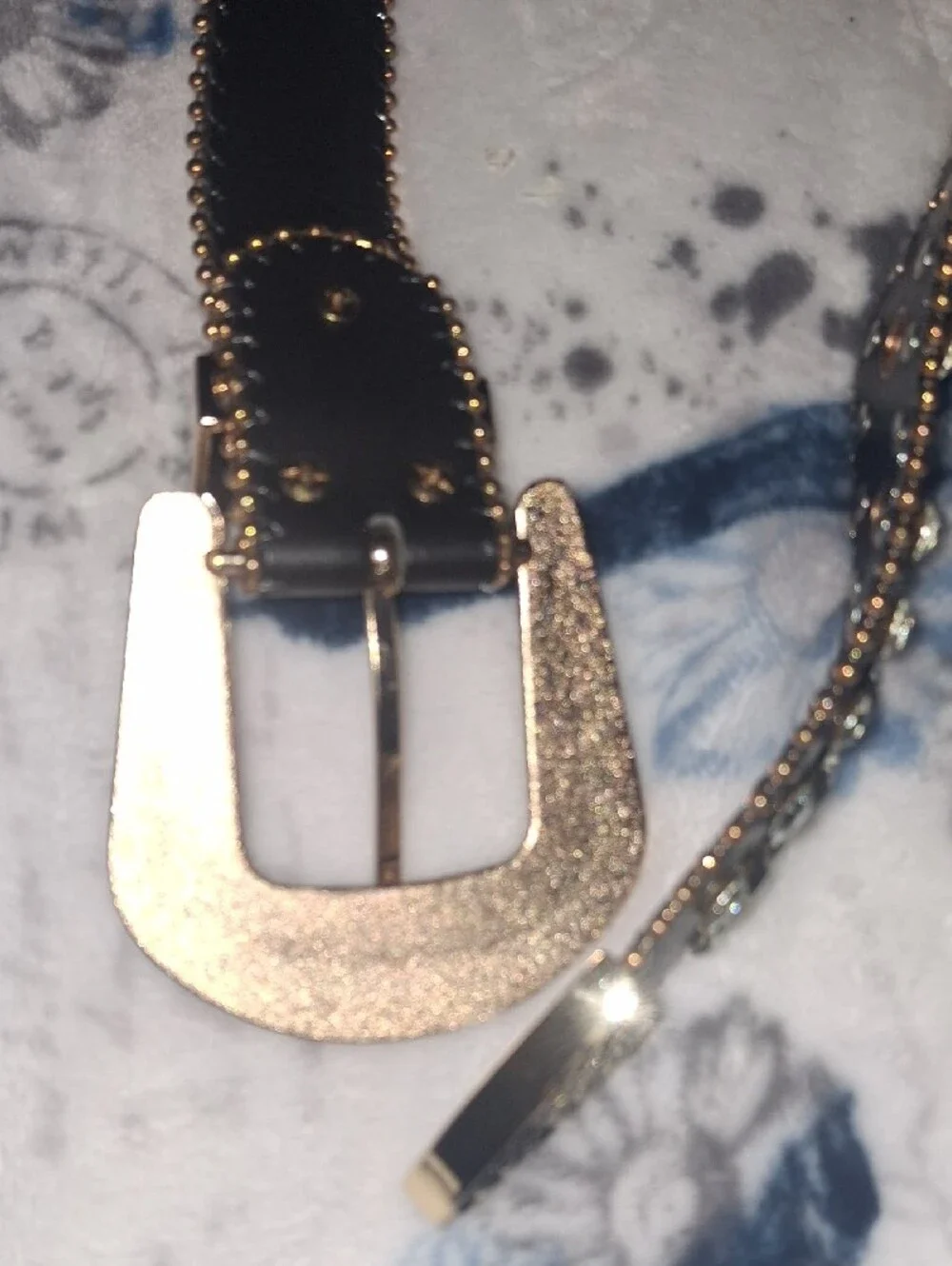 Studded Black Leather Belt with Crystal Accents